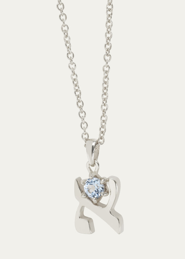 Hebrew Letter ALEF Necklace in 18K White Gold with Aquamarine – A Spiritual Gift
