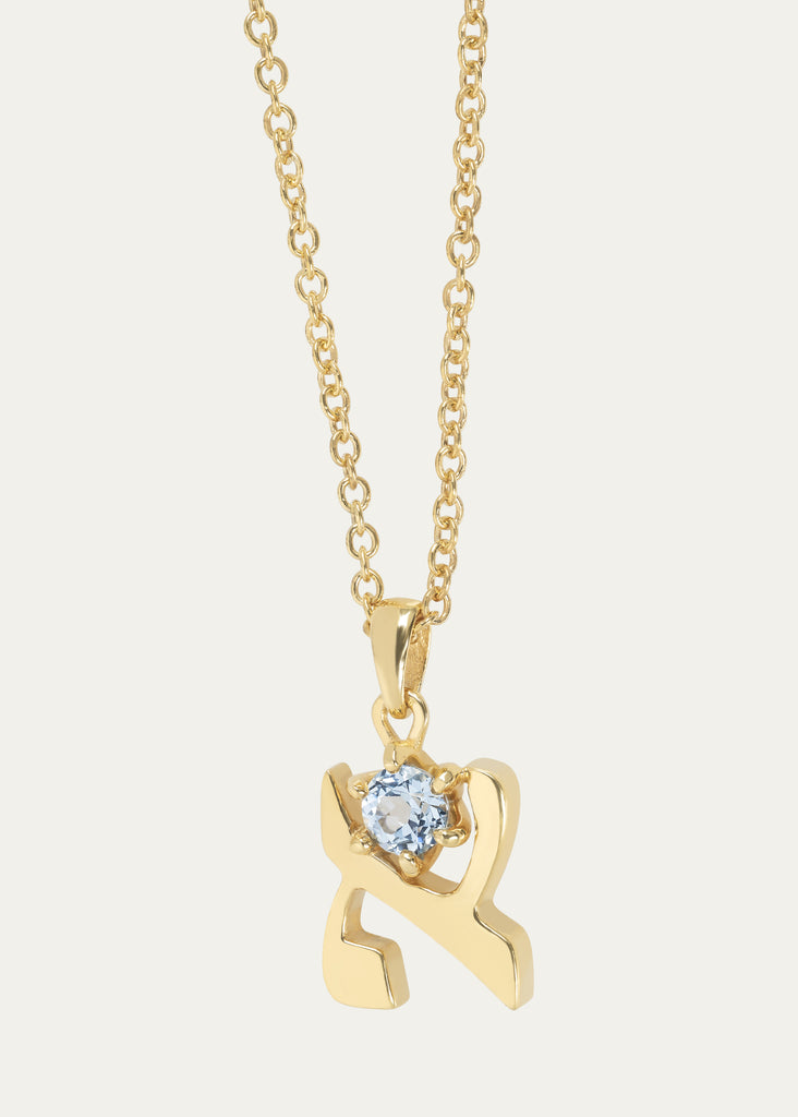 18K Gold Hebrew ALEF Necklace with Aquamarine in Yellow Gold by Procaccia Jewelry