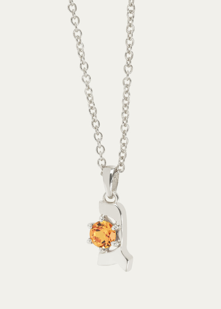 Jewish Initial GIMEL Necklace in 18K white Gold with Mandarin Garnet Gemstone