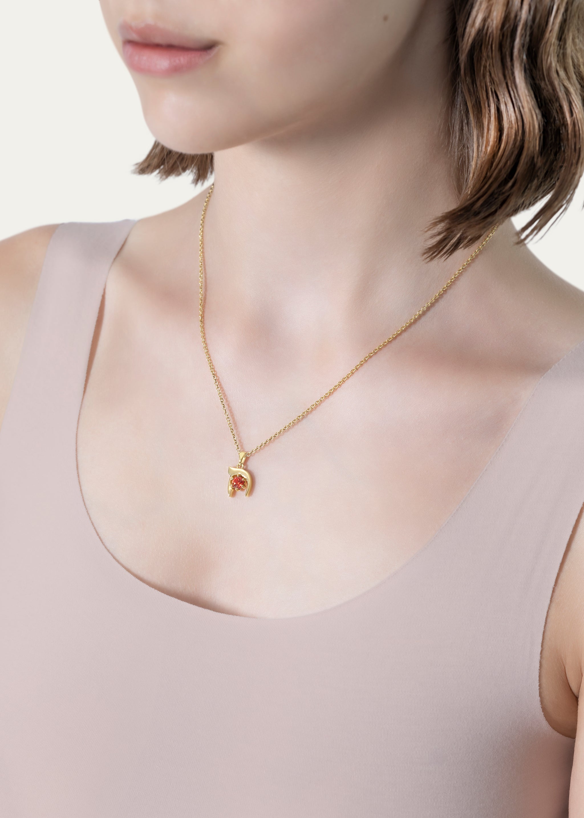 18K Gold Hebrew KHET Orange Sapphire Initial Necklace, 18