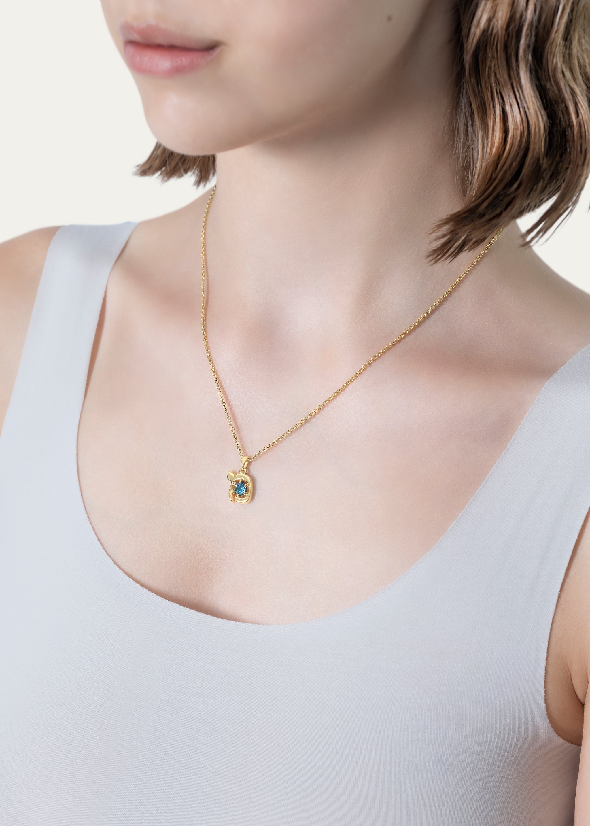 18K Gold Hebrew MEM Teal Sapphire Initial Necklace, 18