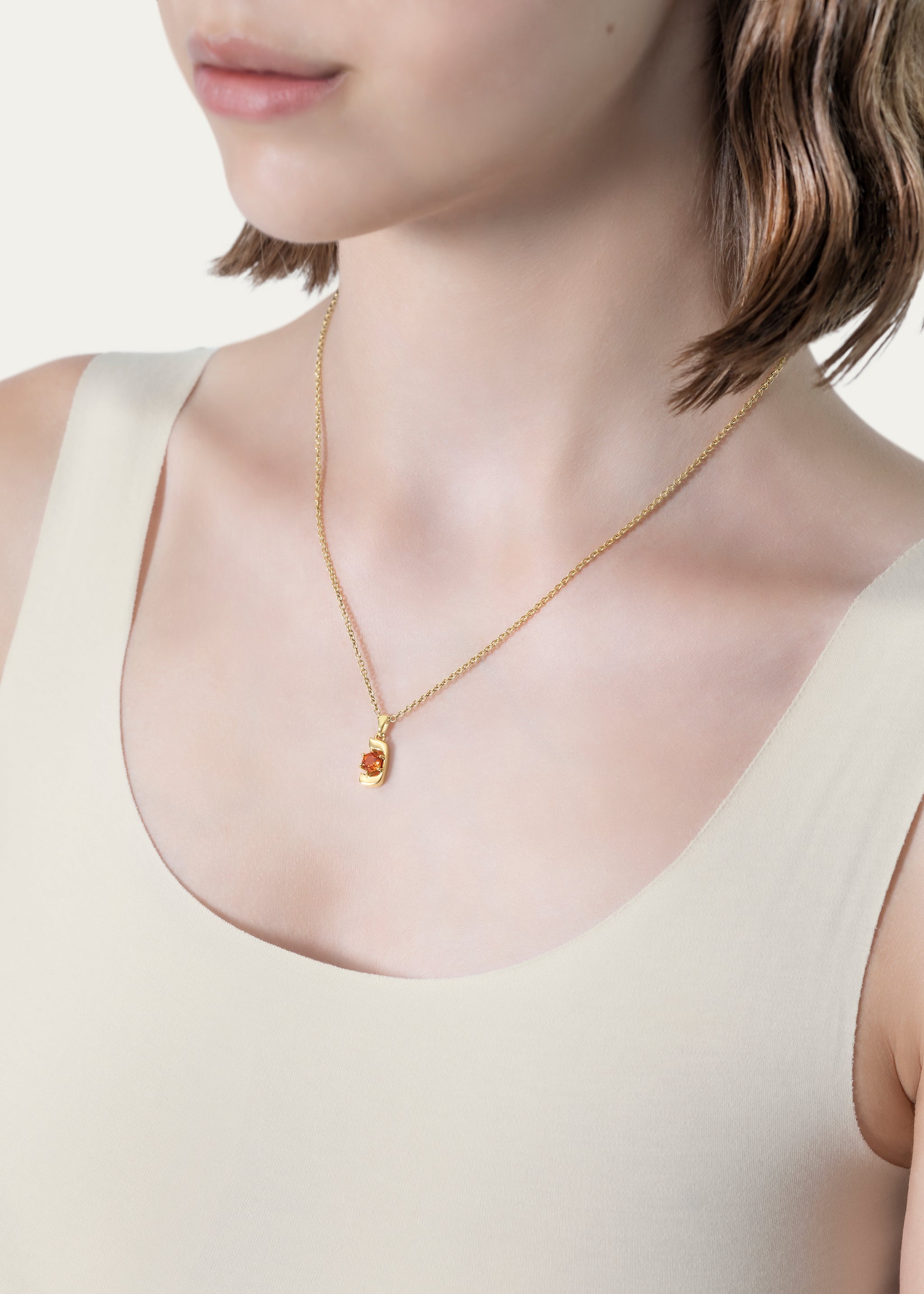 18K Gold Hebrew NUN Orange Sapphire Initial Necklace, 18